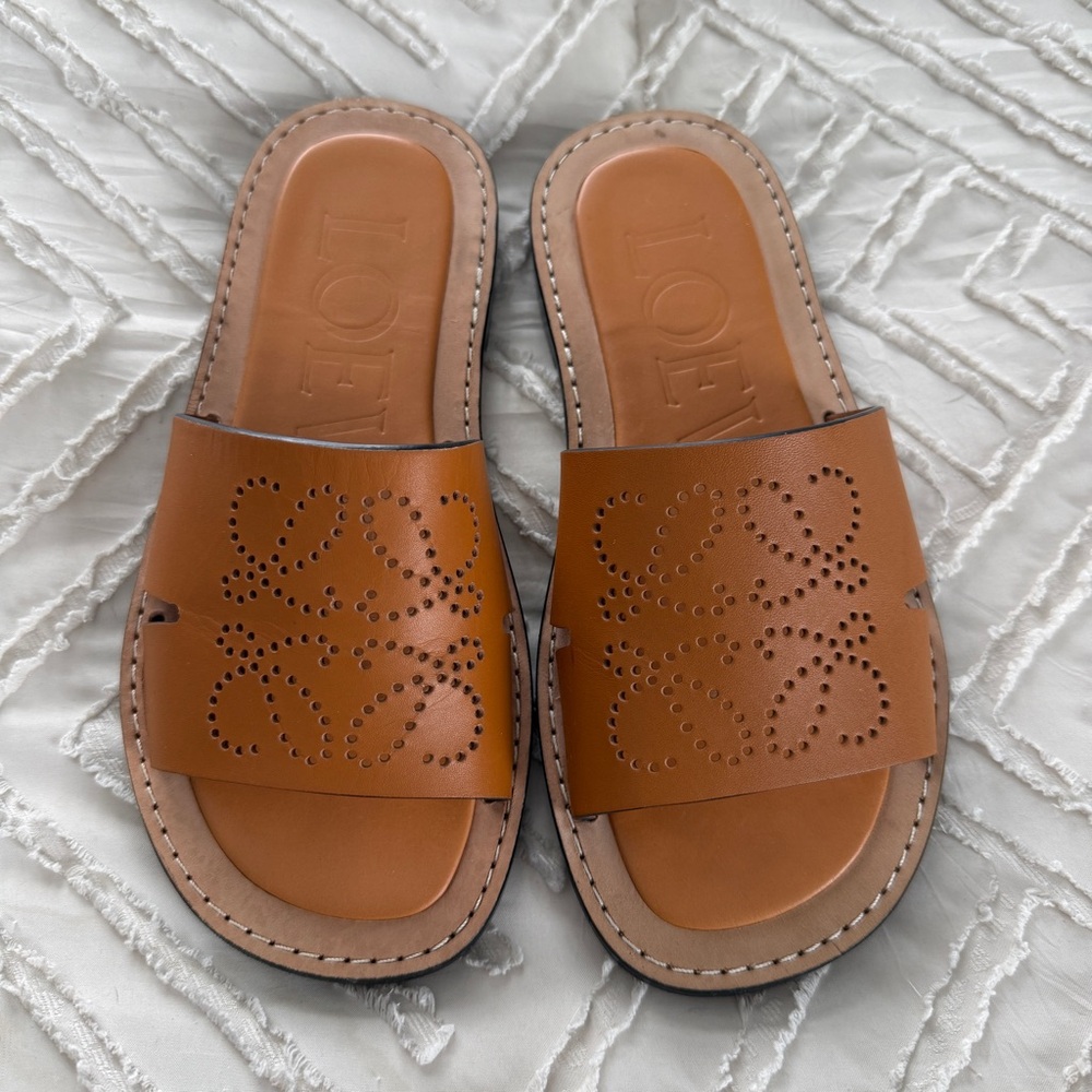 Loewe Tan Leather Slide Sandals